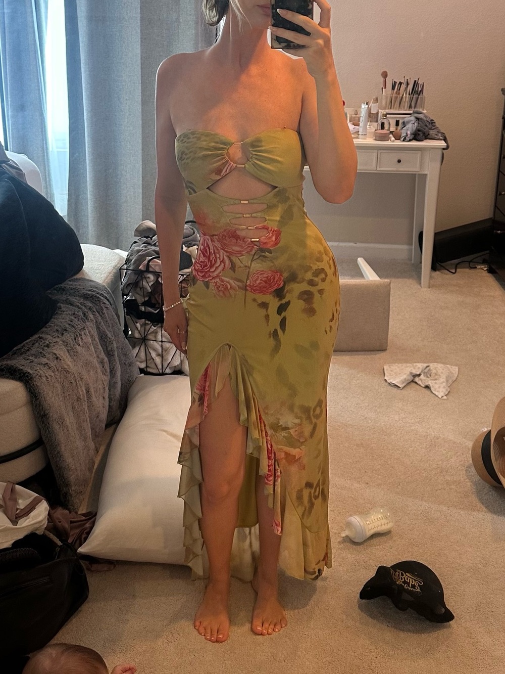 Strapless Floral Cutout Maxi Dress in Olive Green
